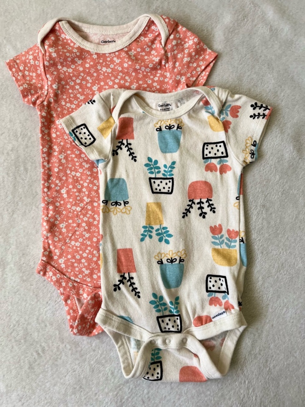 Gerber Coral Floral and Cream Planter Print Baby One-Piece Bodysuit Set